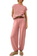 Priyavil Short Sleeves Ribbed Knit Pullover Ruched Harem Pants Set