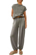 Priyavil Short Sleeves Ribbed Knit Pullover Ruched Harem Pants Set