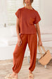 Priyavil Short Sleeves Ribbed Knit Pullover Ruched Harem Pants Set