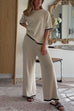 Priyavil Color Block Short Sleeves Side Split Pullover Wide Leg Pants Knitting Loungewear Set