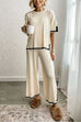 Priyavil Color Block Short Sleeves Side Split Pullover Wide Leg Pants Knitting Loungewear Set