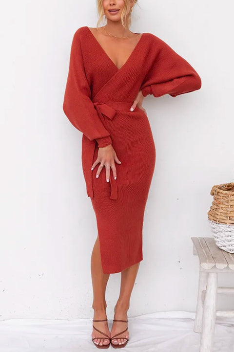 Priyavil Wrap V Neck Side Split Tie Waist Midi Sweater Dress