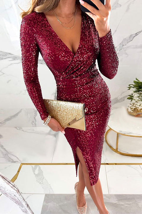 Priyavil Wrap V Neck Waisted Slit Bodycon Sequin Midi Dress