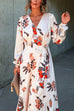 V Neck Long Sleeves Floral Print Satin Maxi Wrap Dress