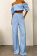 Priyavil Off Shoulder Half Sleeves Crop Top Wide Leg Pants Set