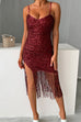 Priyavil V Neck Slit Tassel Sequin Bodycon Cami Dress