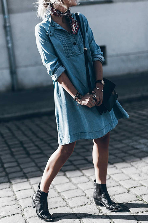 Distressed Long Sleeves A-line Denim Dress