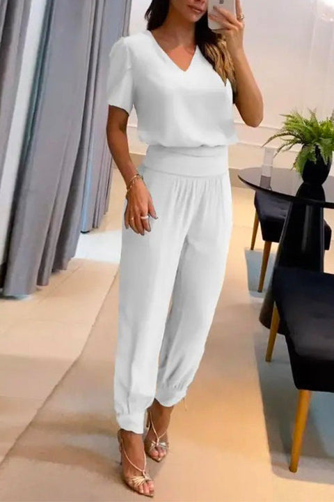 Priyavil V Neck Short Sleeve Top High Waist Tapered Pants Set