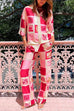 Retro Print 3/4 Sleeves Blouse Shirt Straight Leg Pants Holiday Set