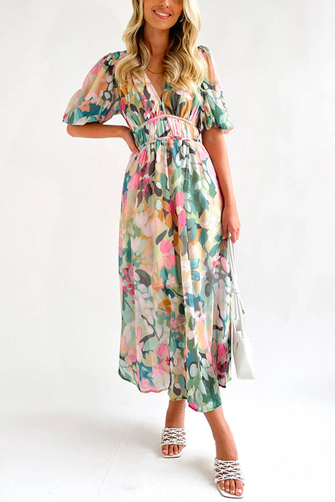 Priyavil V Neck Frilled Waist Floral Printed Maxi Swing Dress