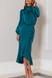 Priyavil Mockneck Long Sleeves Waisted Ruffle Mermaid Satin Dress