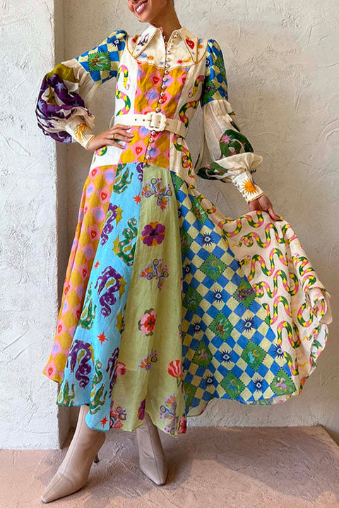 Priyavil Balloon Long Sleeves Belted Unique Printed Swing Maxi Shirtdress