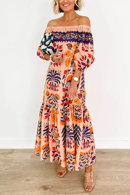 Priyavil Off Shoulder Lantern Sleeves Printed Ruffle Maxi Dress