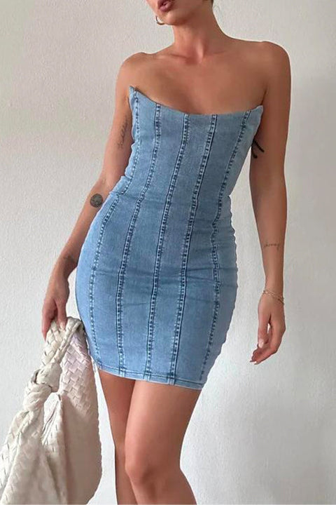 Priyavil Strapless Tube Top Denim Mini Bodycon Dress