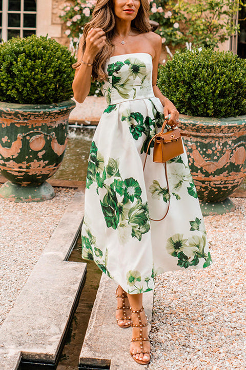 Strapless Tube Top Waisted Floral Swing Midi Dress