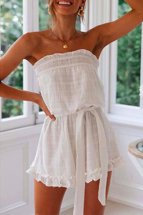 Priyavil Off Shoulder Sleeveless Tie Waist Ruffle Romper