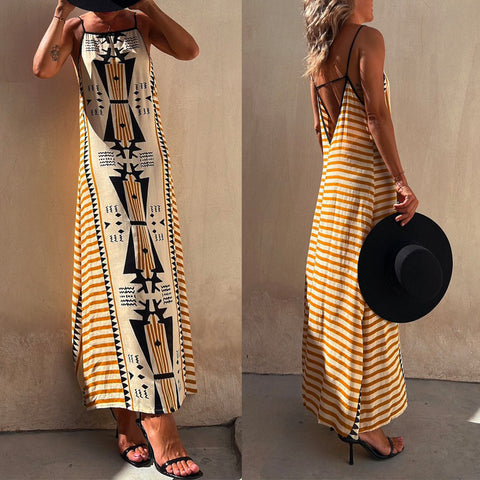 Priyavil Stripes Splice Backless Ethnic Printed Maxi Cami Dress