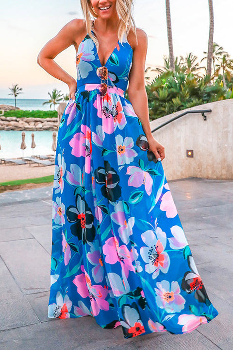 Priyavil Halter V Neck Backless Waisted Maxi Floral Swing Dress