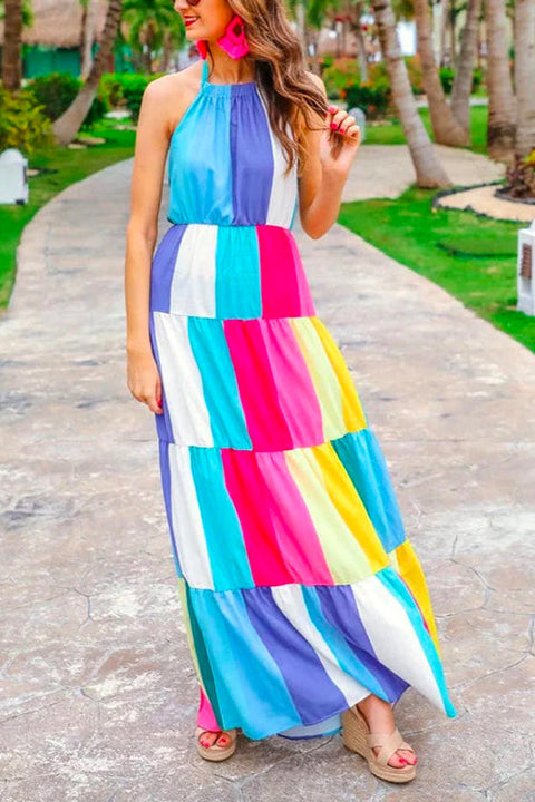 Priyavil Halter Backless Ruffle Tiered Maxi Rainbow Dress