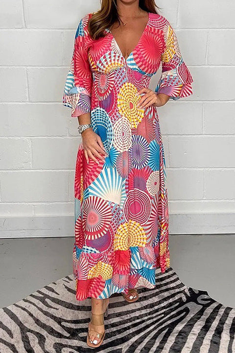 Priyavil V Neck Ruffle Sleeve Printed Maxi Swing Dress