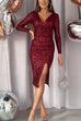 V Neck Long Sleeves Slit Sequin Bodycon Party Dress