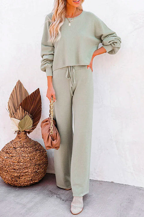 Priyavil Round Neck Pullover Drawstring Waist Wide Leg Pants Loungewear Set