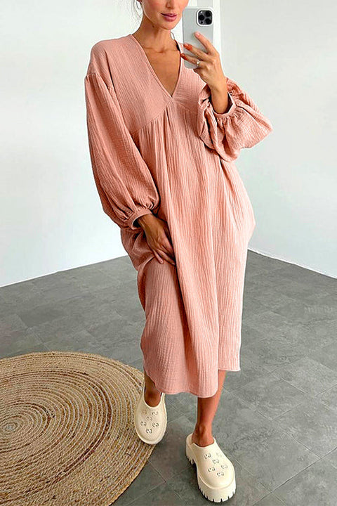 Priyavil V Neck Long Sleeves Baggy Loungewear Midi Dress