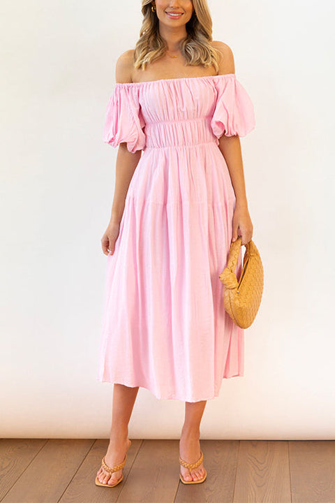 Priyavil Off Shoulder Puff Sleeves Frilled Waist Midi Swing Dress