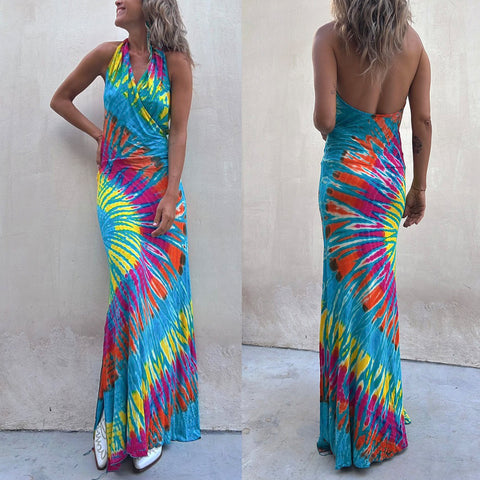 Priyavil Sleeveless Halter Backless Maxi Tie Dye Dress