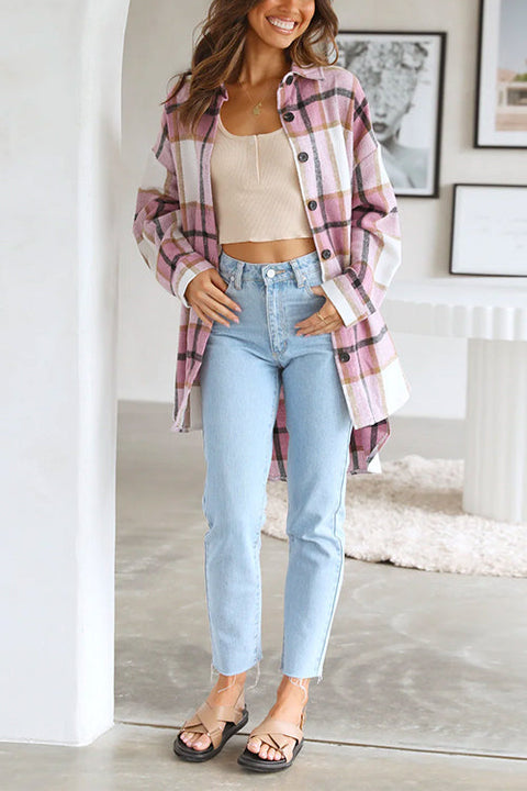 Priyavil Curve Hem Color Block Plaid Shacket Jacket