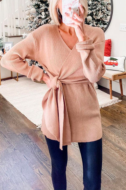 Wrap V Neck Tie Front Ribbed Knit Sweater