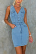 V Neck Sleeveless Button Up Bodycon Denim Mini Dress