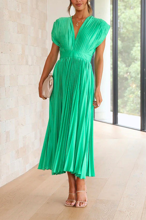 Priyavil Deep V Neck Waisted Maxi Pleated Swing Dress