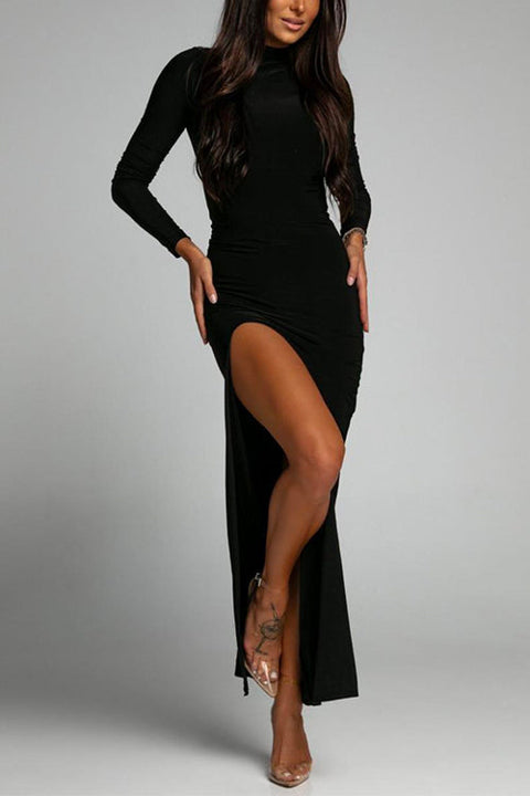 Priyavil Mockneck Long Sleeves High Slit Bodycon Maxi Dress