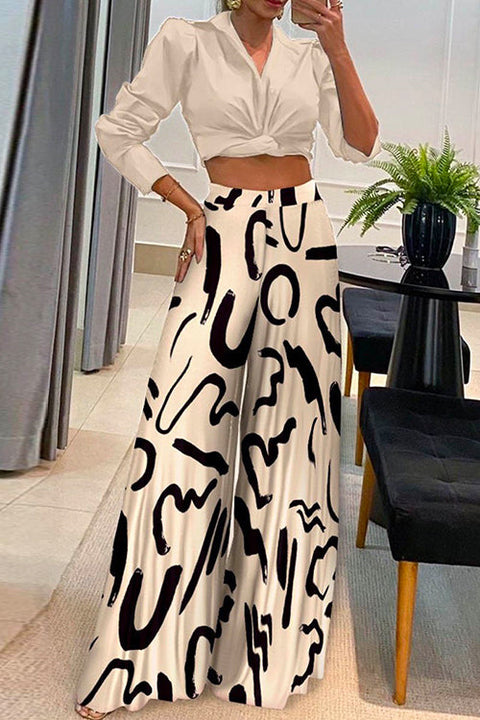 Priyavil Twist Knot Long Sleeve Crop Top Printed Wide Leg Pants Set