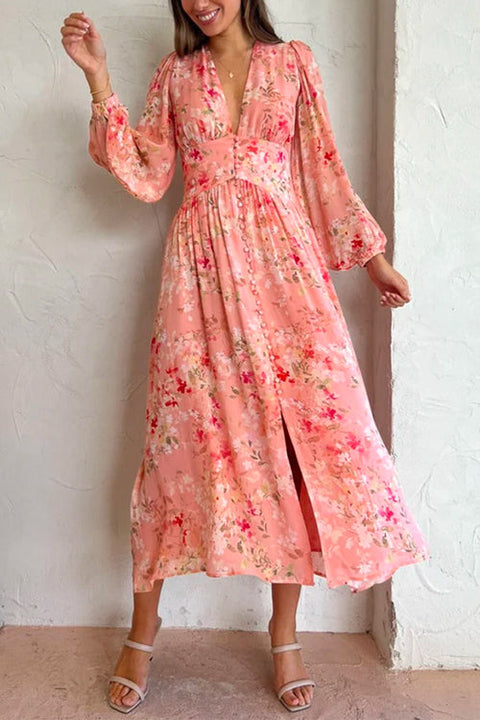 Priyavil V Neck Button Up Waisted Floral Midi Swing Dress