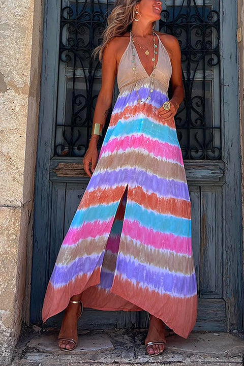 Priyavil Halter Deep V Neck Slit Tie Dye Maxi Cami Dress