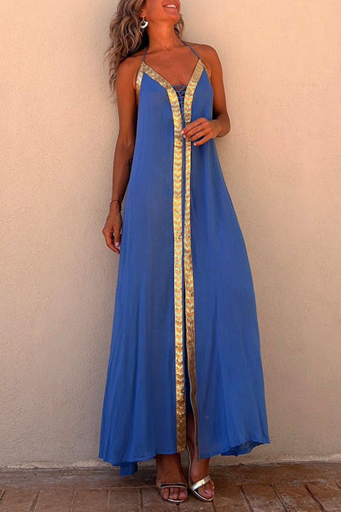 Priyavil V Neck Backless Sequin Detailed Slit Maxi Cami Dress