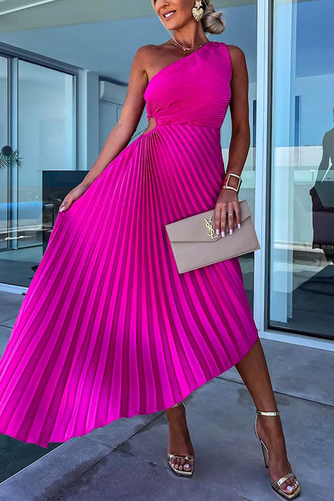 Priyavil One Shoulder Cut Out Waist Irregular Pleated Party Dress