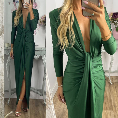 Priyavil Deep V Neck Ruched Slit Maxi Bodycon Dress