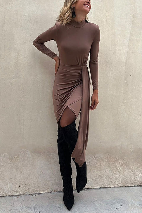 Mockneck Drape Front Waisted Tulip Bodycon Dress