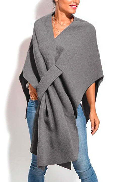 Priyavil Solid V Neck Wrapped Batwing Cloak Sweater