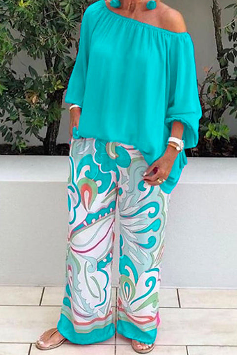 Priyavil Crewneck Long Sleeve T-shirt and Wide Leg Printed Pants Set