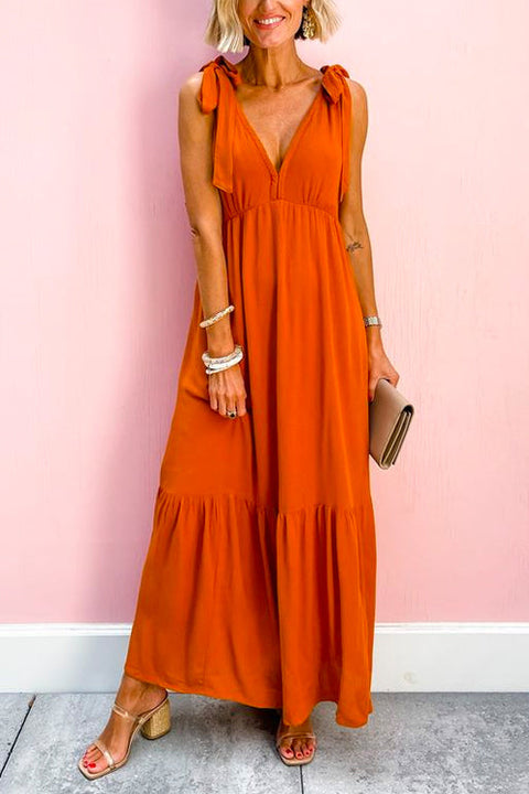 V Neck Bow Shoulder Sleeveless Ruffle Maxi Dress