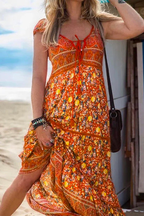 Priyavil Tassel V Neck Bohemia Printed Maxi Beach Dress