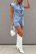 Priyavil Button Up Short Sleeves Tie Waist Distressed Denim Romper