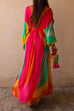 Priyavil V Neck Balloon Sleeves Rainbow Gradient Maxi Swing Dress