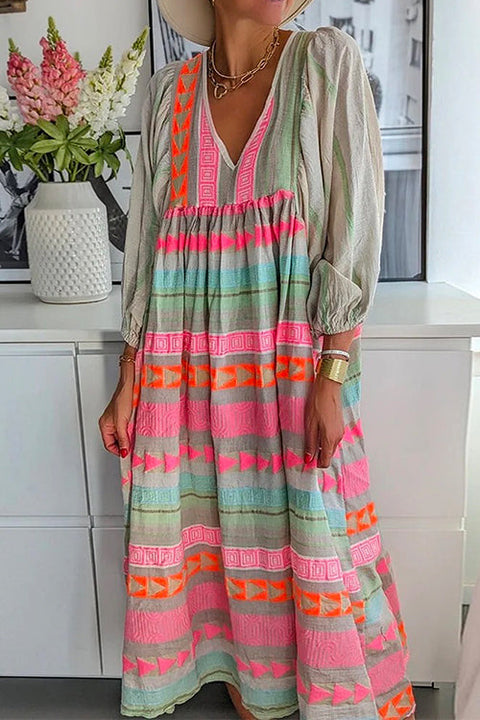 Priyavil V Neck Puff Sleeve Color Block Printed Swing Dress