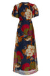 Priyavil Puff Sleeve Cut Out Waist Floral Maxi Swing Dress