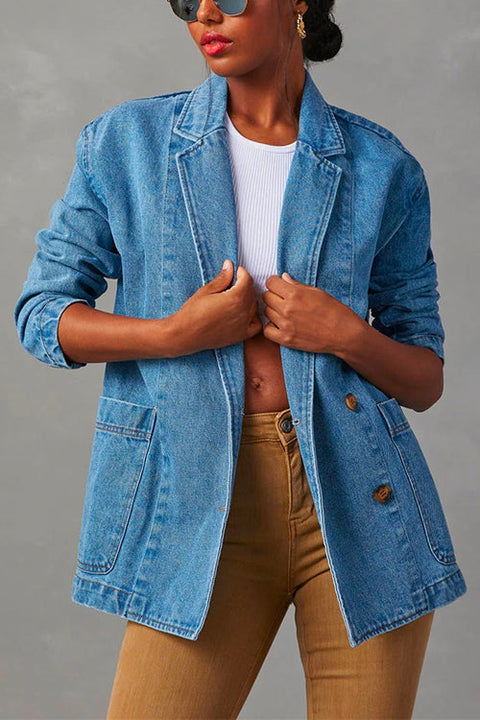 Priyavil Notch Lapel Button Front Pocketed Denim Blazer